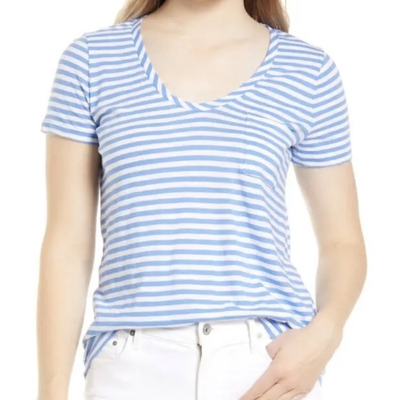 Caslon Shirt Womens XXS Brooke Stripe Tee‎ Blue White Short Sleeve V-Neck Soft - Picture 1 of 11